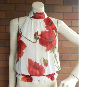 Vintage large red poppy 100% viscose semi - sheer high neck top - keyhole back